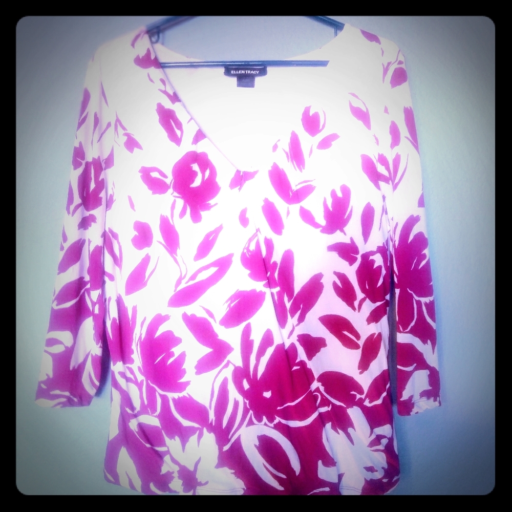 Ellen Tracy Magenta & White 3/4 Sleeve Blouse, XL